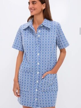 Pomander Place Blue and White Patterned Short-Sleeve Shirt Dress